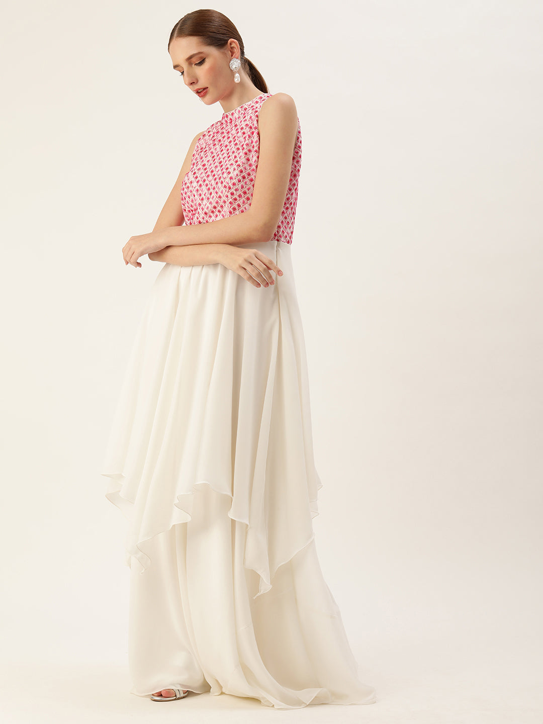 White & Pink Bodice Embroidered Halter Neck Gown