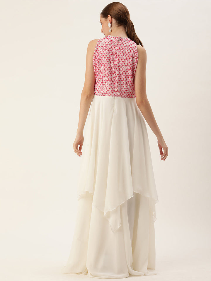 White & Pink Bodice Embroidered Halter Neck Gown