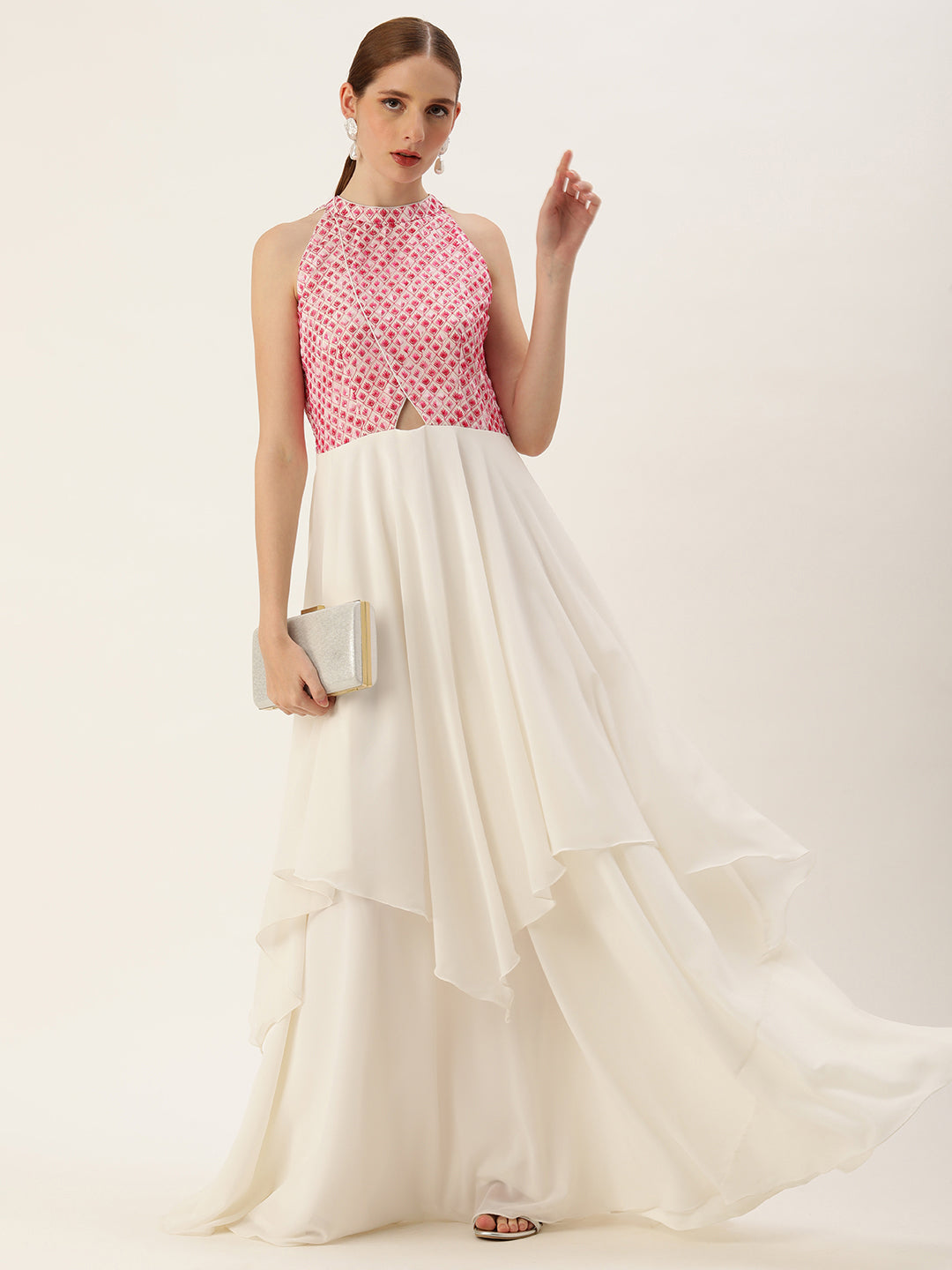 White & Pink Bodice Embroidered Halter Neck Gown