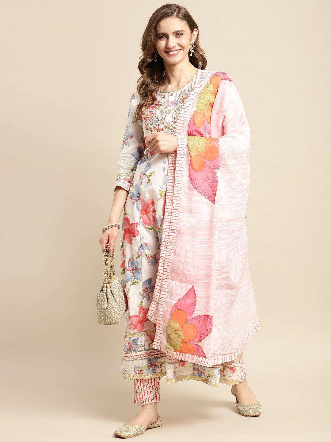 White & Pink Digital Print 3-Piece Kurta Set