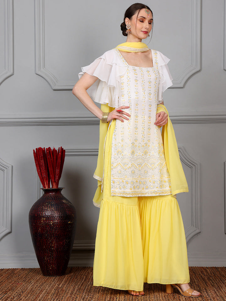 White & Yellow Georgette Embroidered Gharara Suit