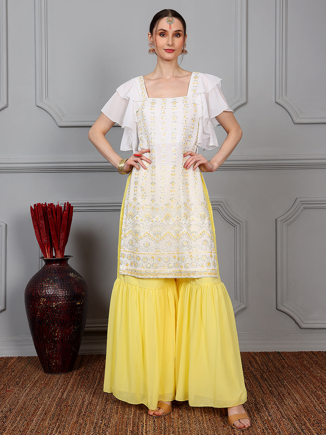 White & Yellow Georgette Embroidered Gharara Suit