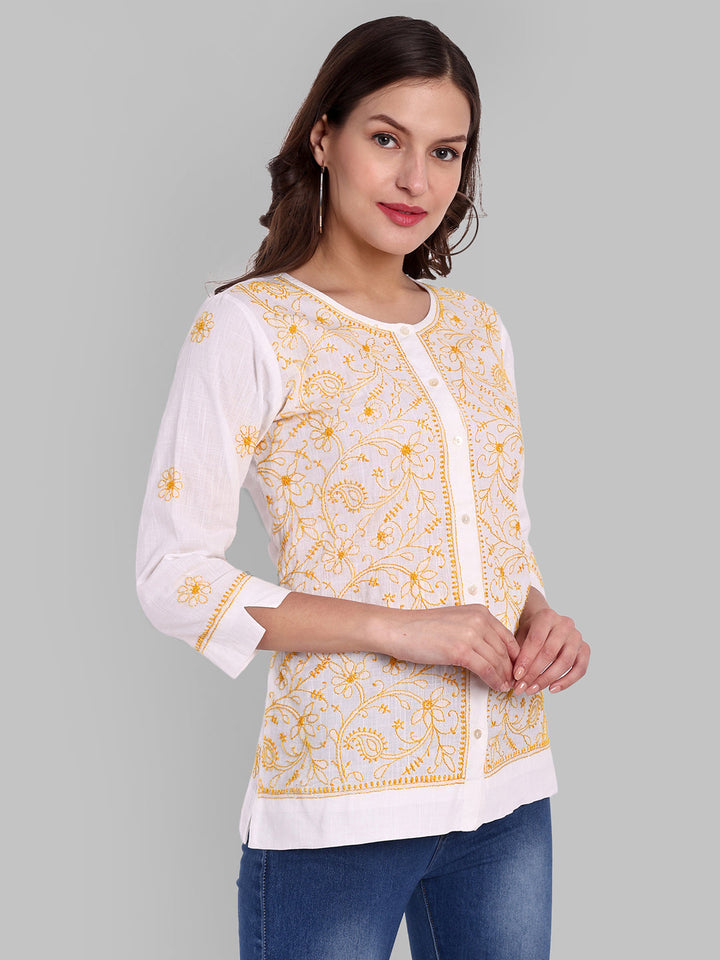 White & Yellow Pure Cotton Chikankari Motif Shirt