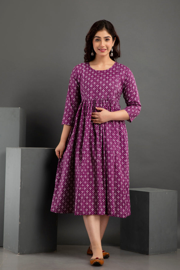 Wine Cotton Printed Maternity  Baby feeding kurta