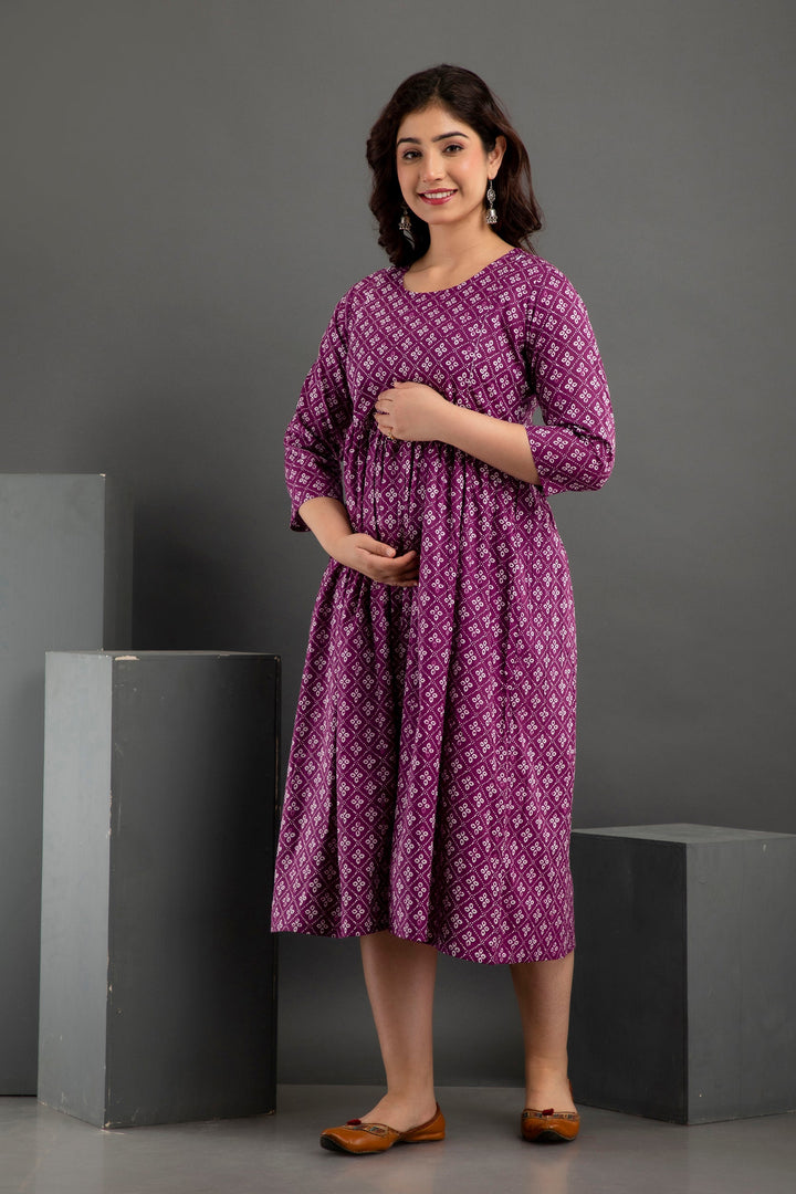 Wine Cotton Printed Maternity  Baby feeding kurta