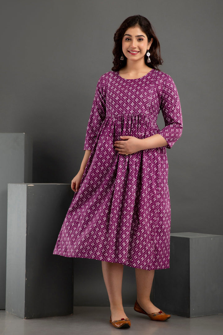 Wine Cotton Printed Maternity  Baby feeding kurta