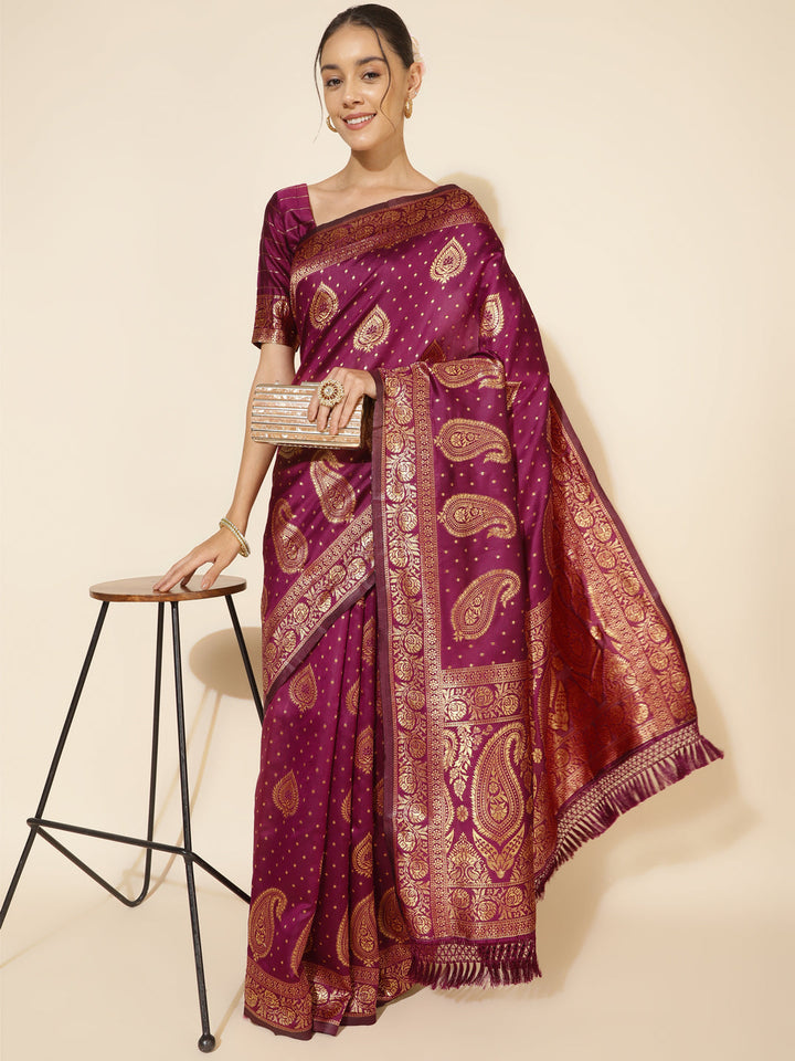 Wine Ethnic Motif Woven Banarasi Silk Saree