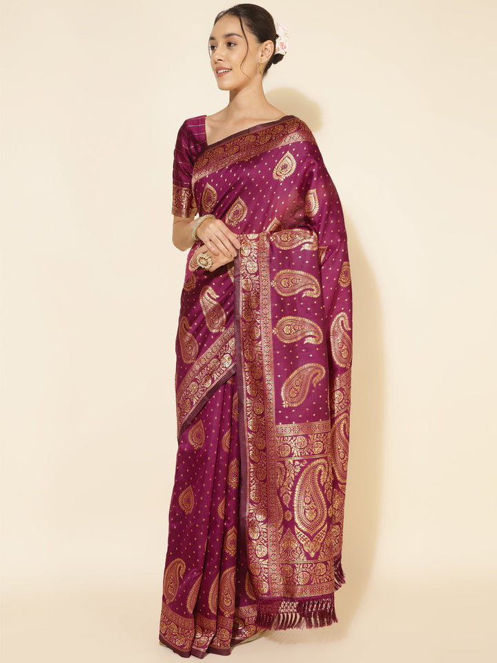 Wine Ethnic Motif Woven Banarasi Silk Saree