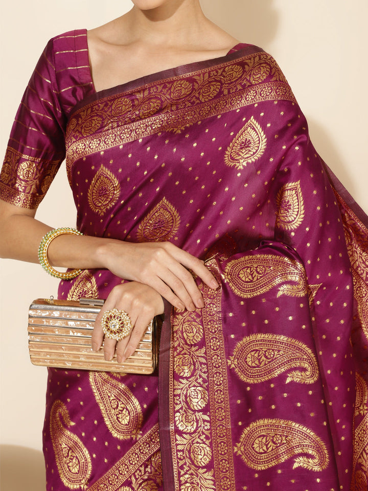 Wine Ethnic Motif Woven Banarasi Silk Saree