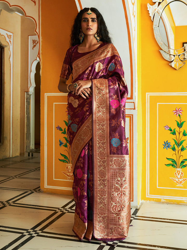 Wine Ethnic Motifs Woven Design Banarasi Silk Festive Saree