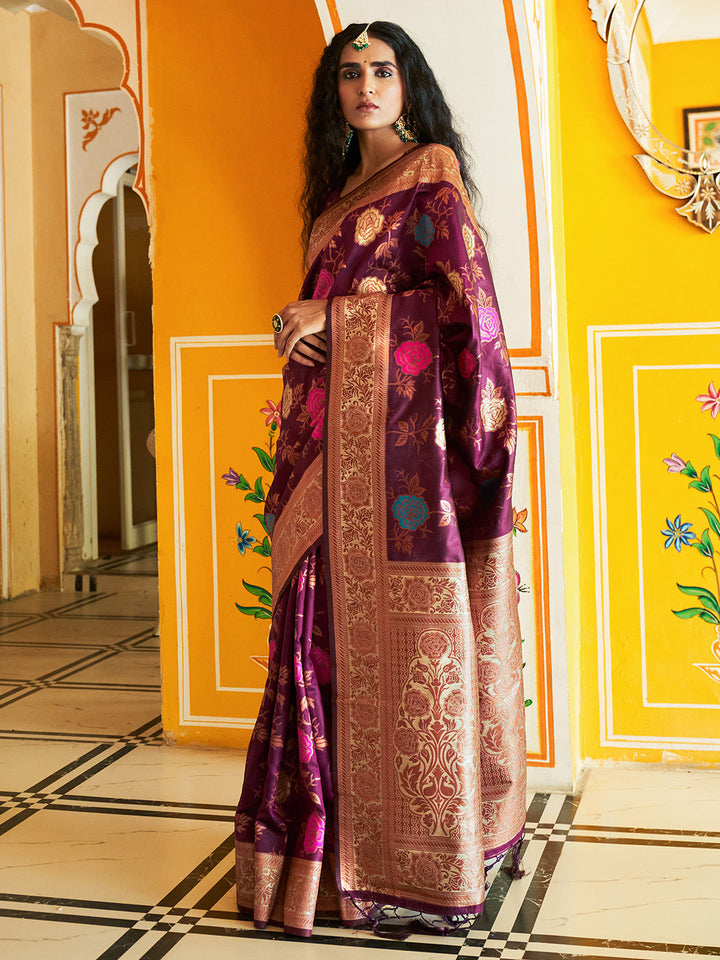 Wine Ethnic Motifs Woven Design Banarasi Silk Festive Saree