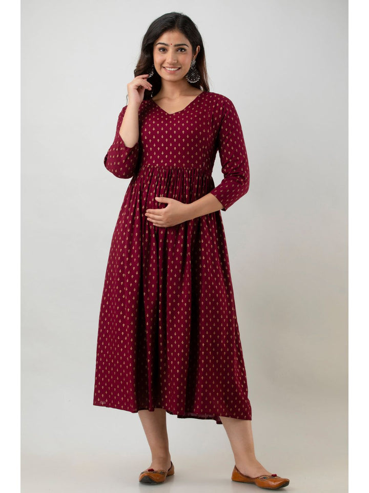 Wine Gold Print Maternity Baby Feeding Kurta