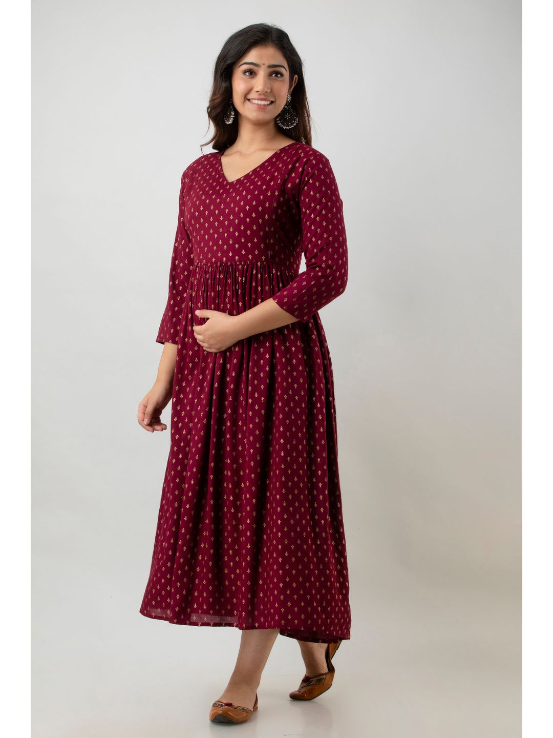 Wine Gold Print Maternity Baby Feeding Kurta