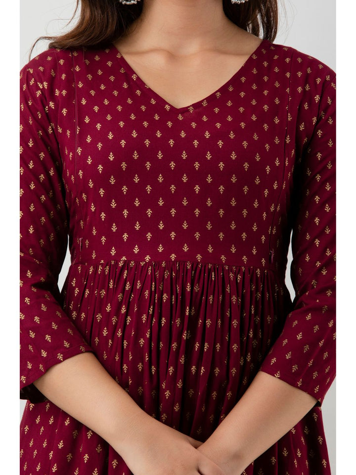 Wine Gold Print Maternity Baby Feeding Kurta