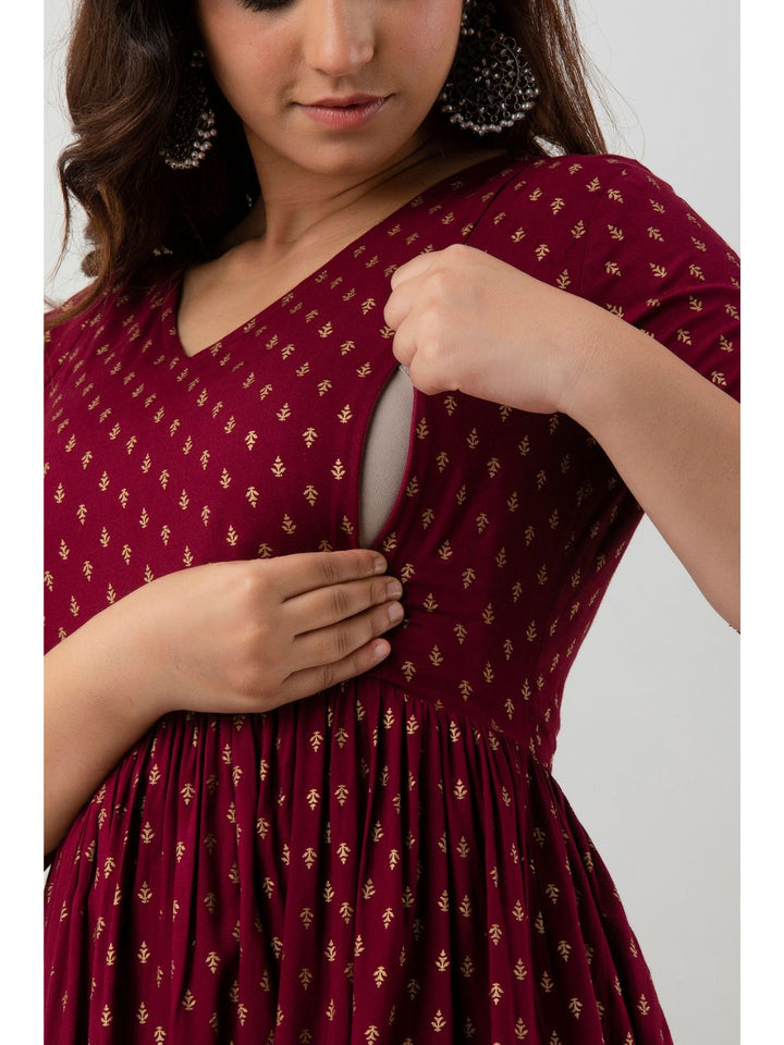 Wine Gold Print Maternity Baby Feeding Kurta