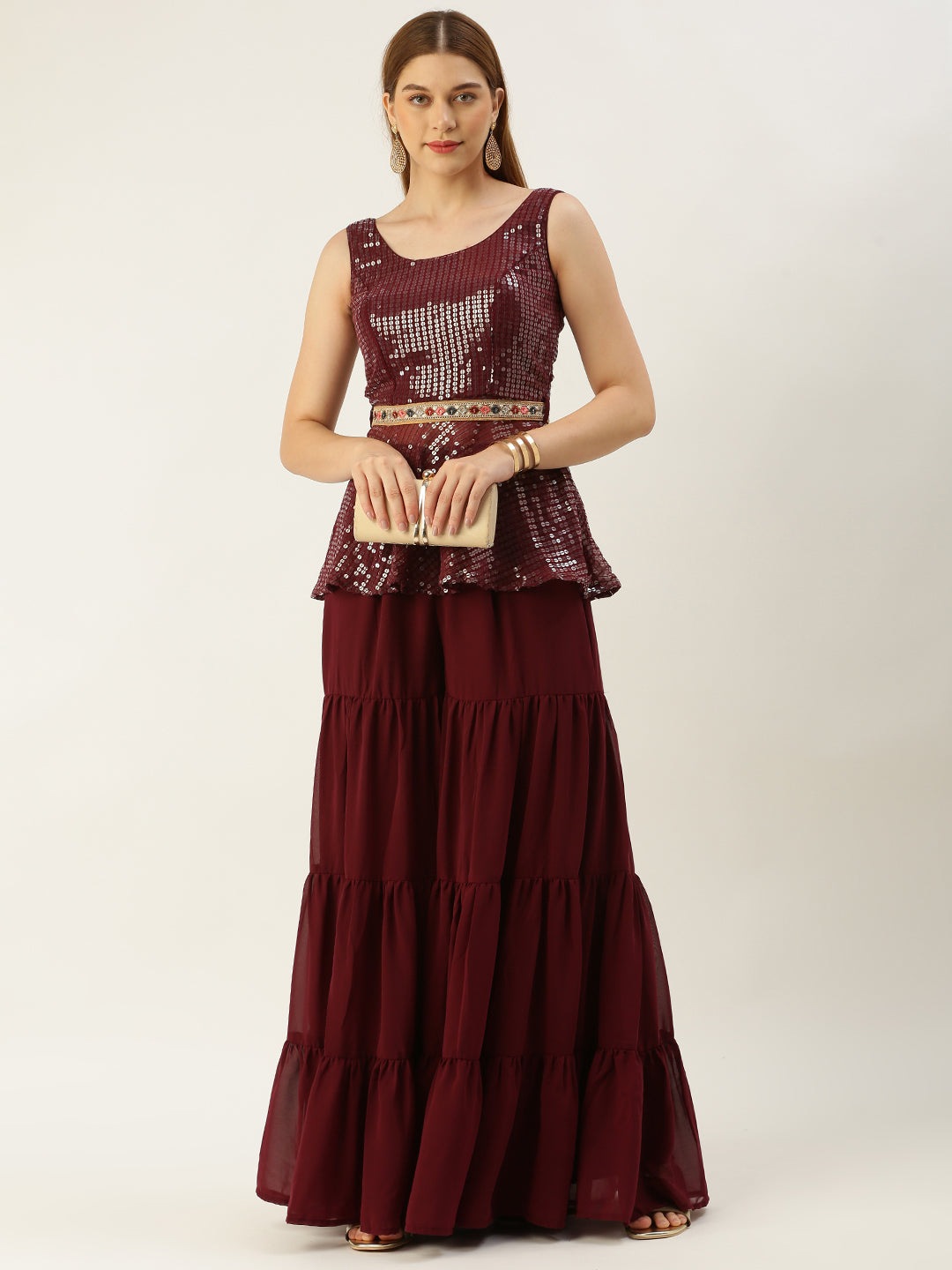 Wine Heavy Sequin Embroidered Sharara Co-Ord Set