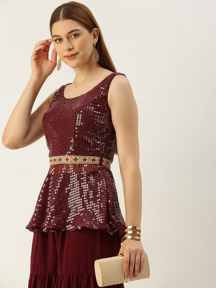 Wine Heavy Sequin Embroidered Sharara Co-Ord Set