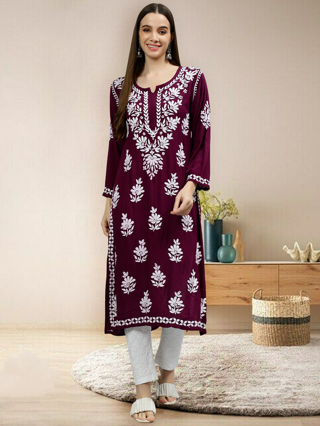 Wine-Rayon-Hand-Embroidered-Chikankari-Kurti