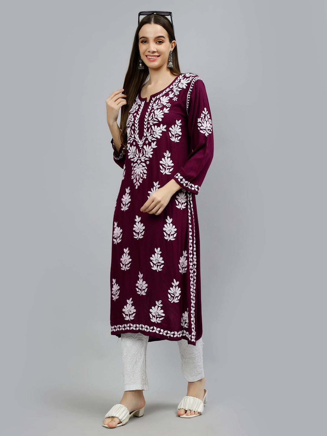 Wine-Rayon-Hand-Embroidered-Chikankari-Kurti