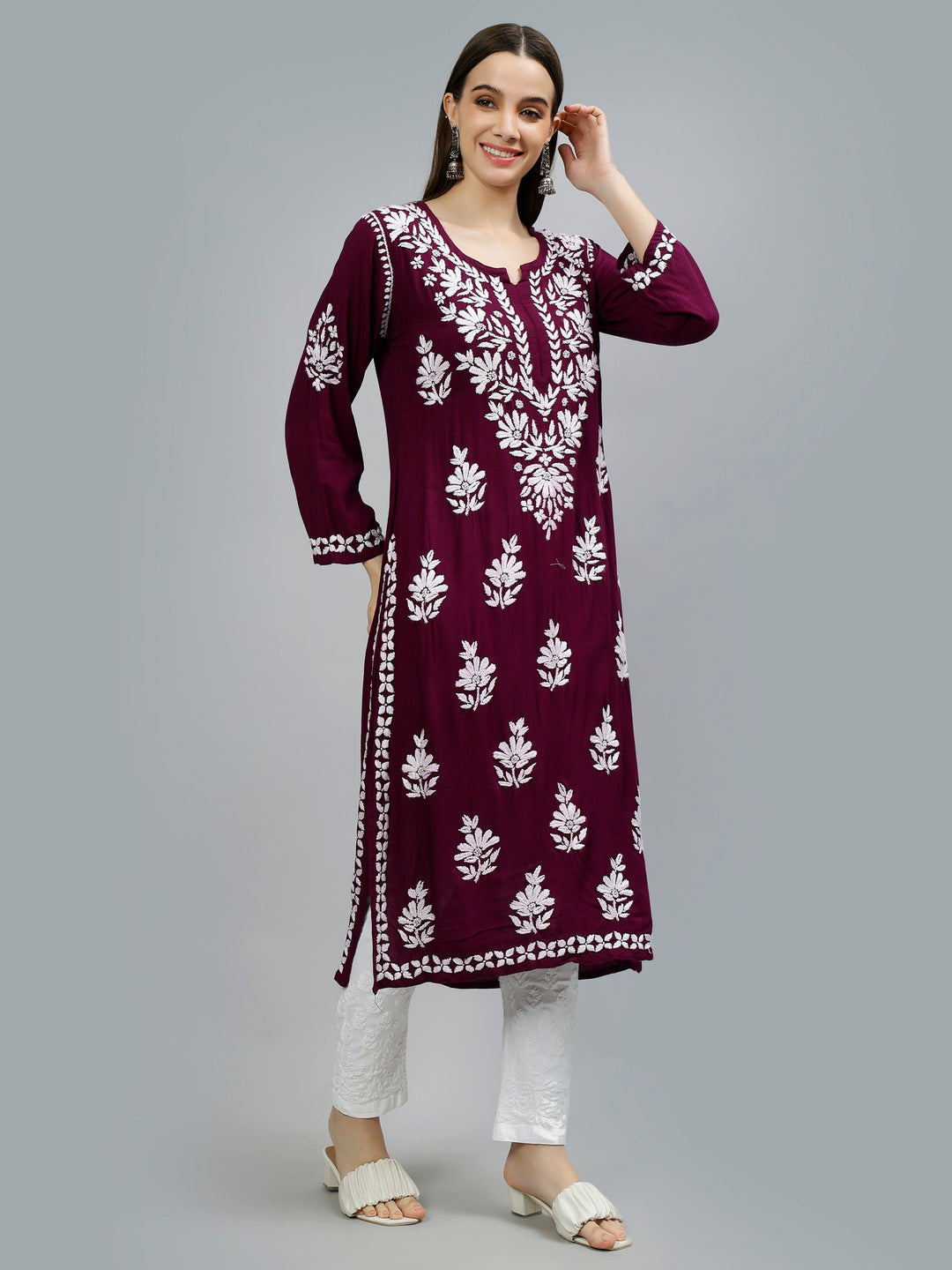 Wine-Rayon-Hand-Embroidered-Chikankari-Kurti