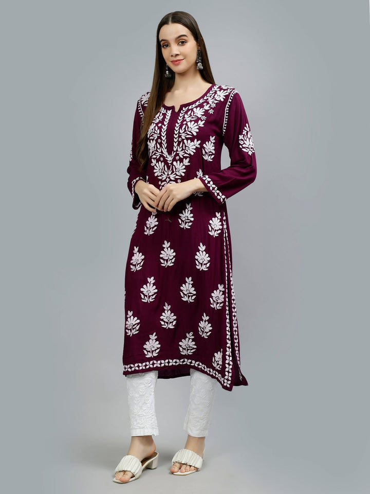 Wine-Rayon-Hand-Embroidered-Chikankari-Kurti