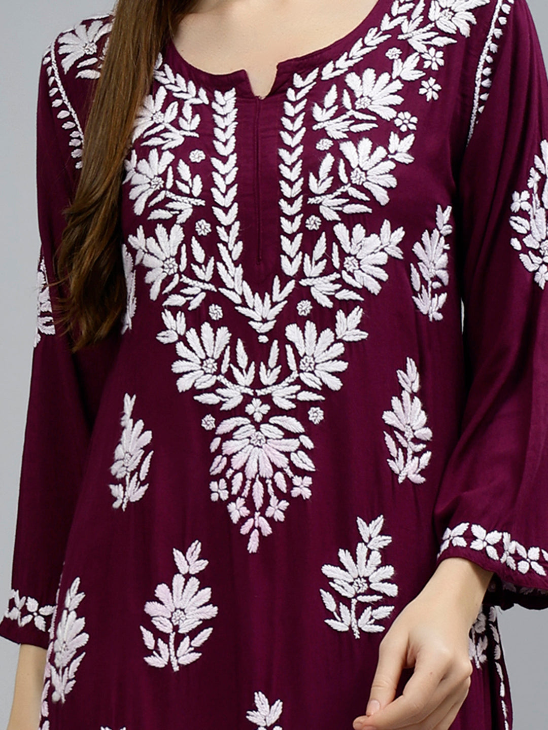 Wine-Rayon-Hand-Embroidered-Chikankari-Kurti