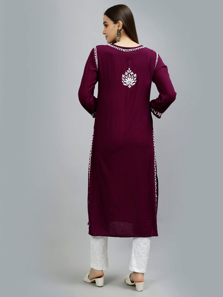 Wine-Rayon-Hand-Embroidered-Chikankari-Kurti