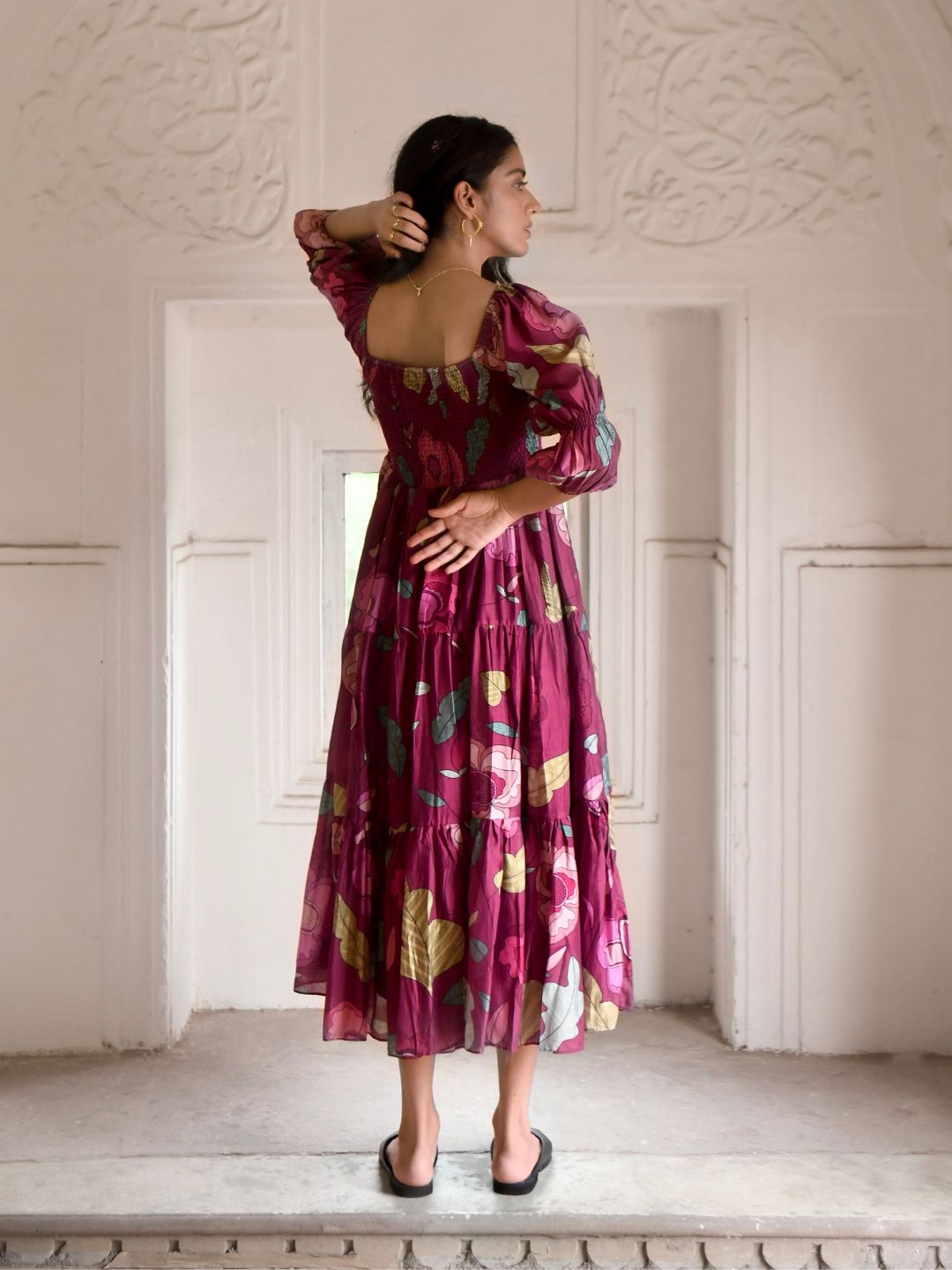 Wine Red Luxe Silk Ruby Berry Tiered Dress
