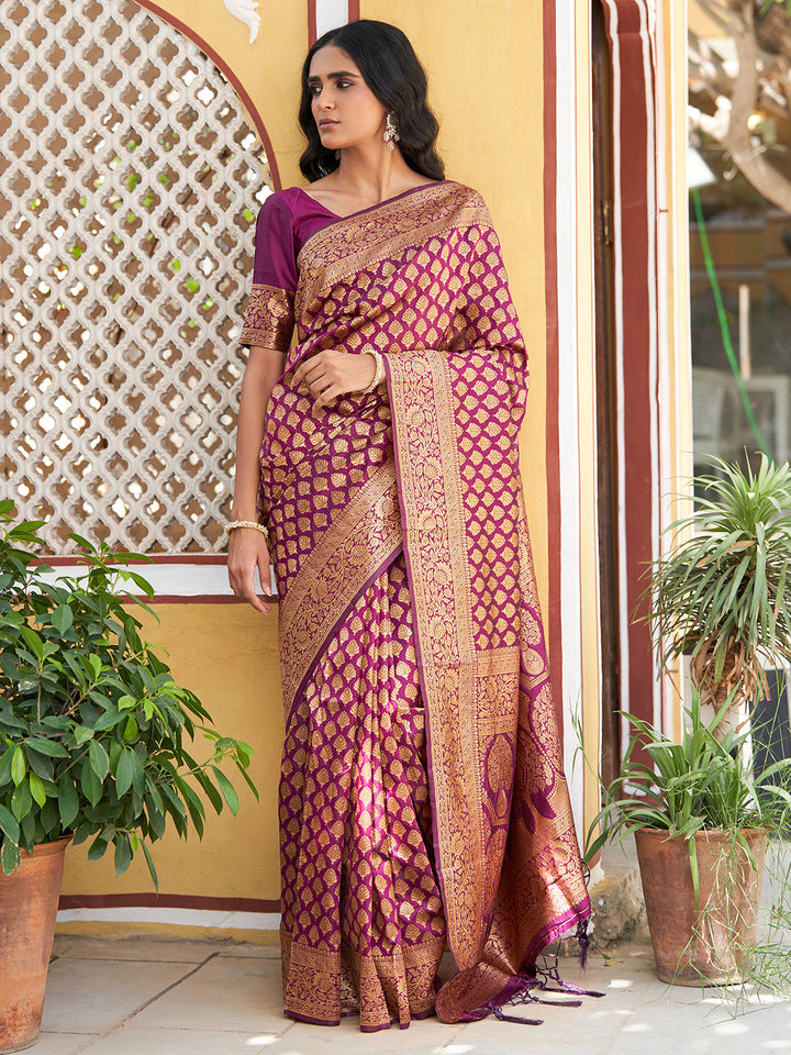 Wine Woven Ethnic Motifs Design Banarasi Silk Festive Saree