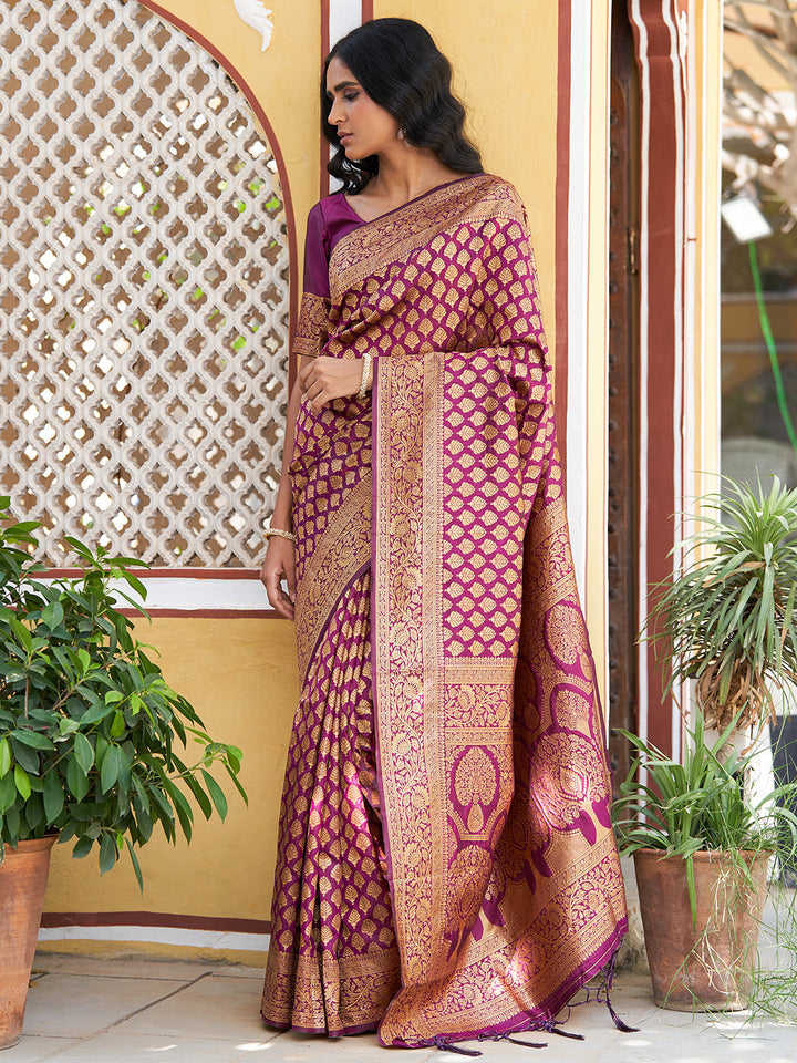 Wine Woven Ethnic Motifs Design Banarasi Silk Festive Saree