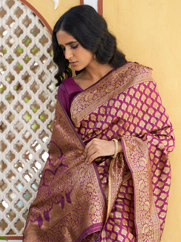 Wine Woven Ethnic Motifs Design Banarasi Silk Festive Saree