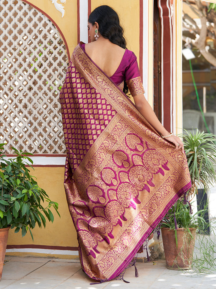 Wine Woven Ethnic Motifs Design Banarasi Silk Festive Saree