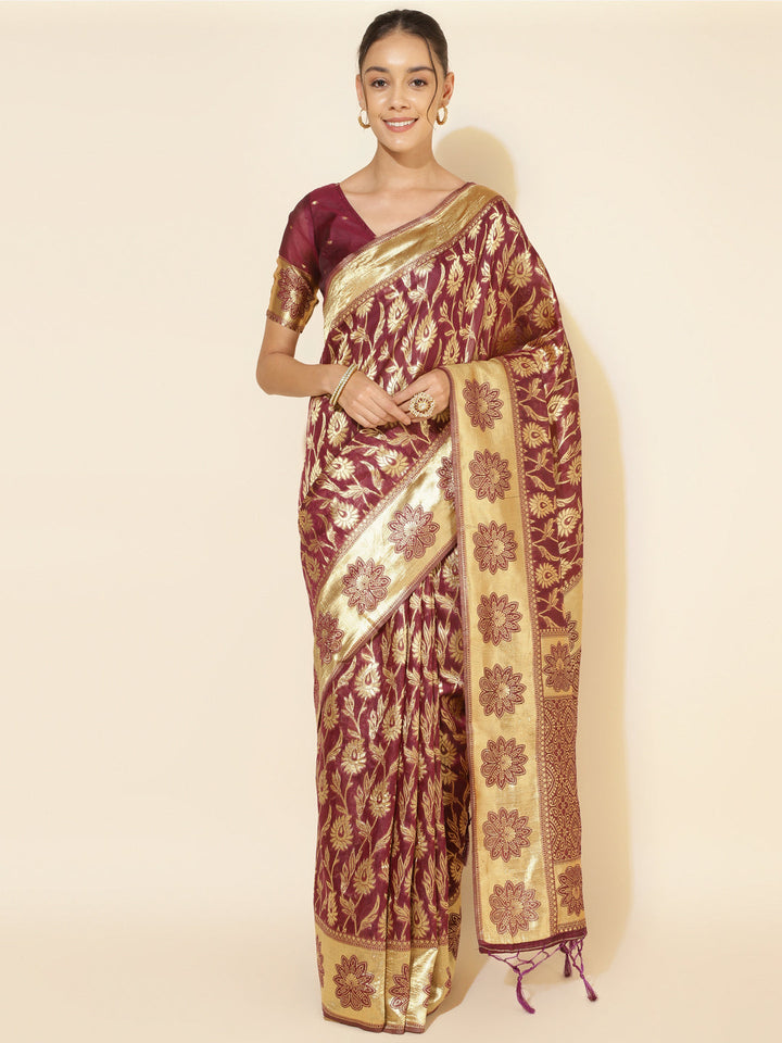 Wine Woven Paisley Chanderi Silk Saree