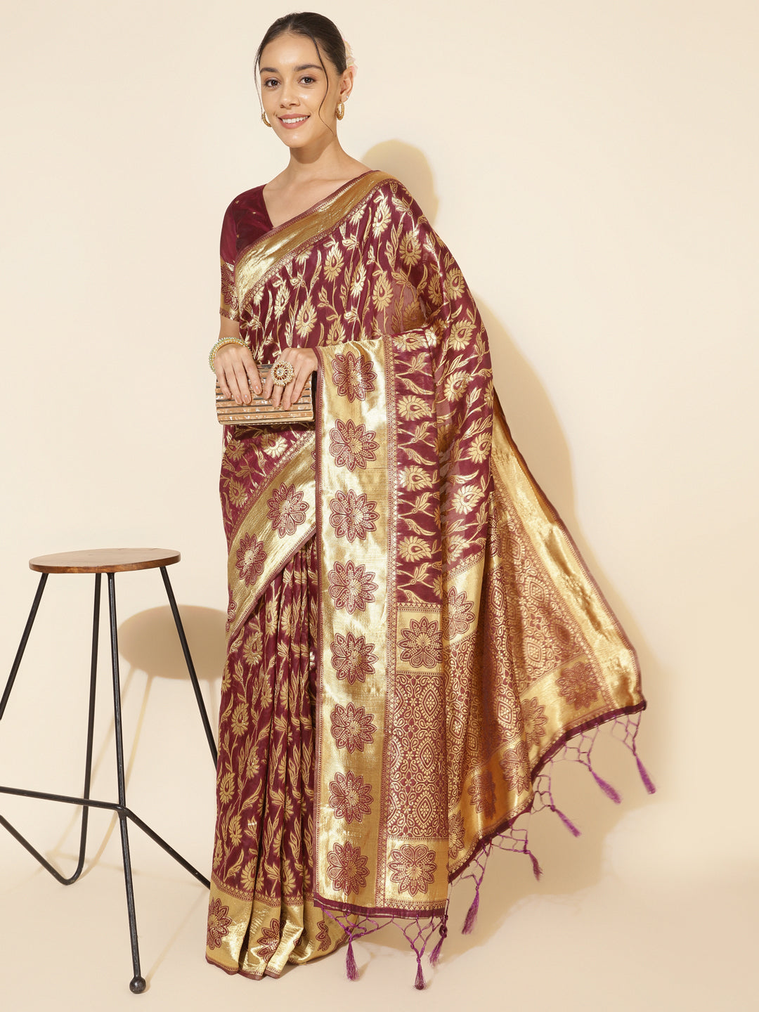 Wine Woven Paisley Chanderi Silk Saree