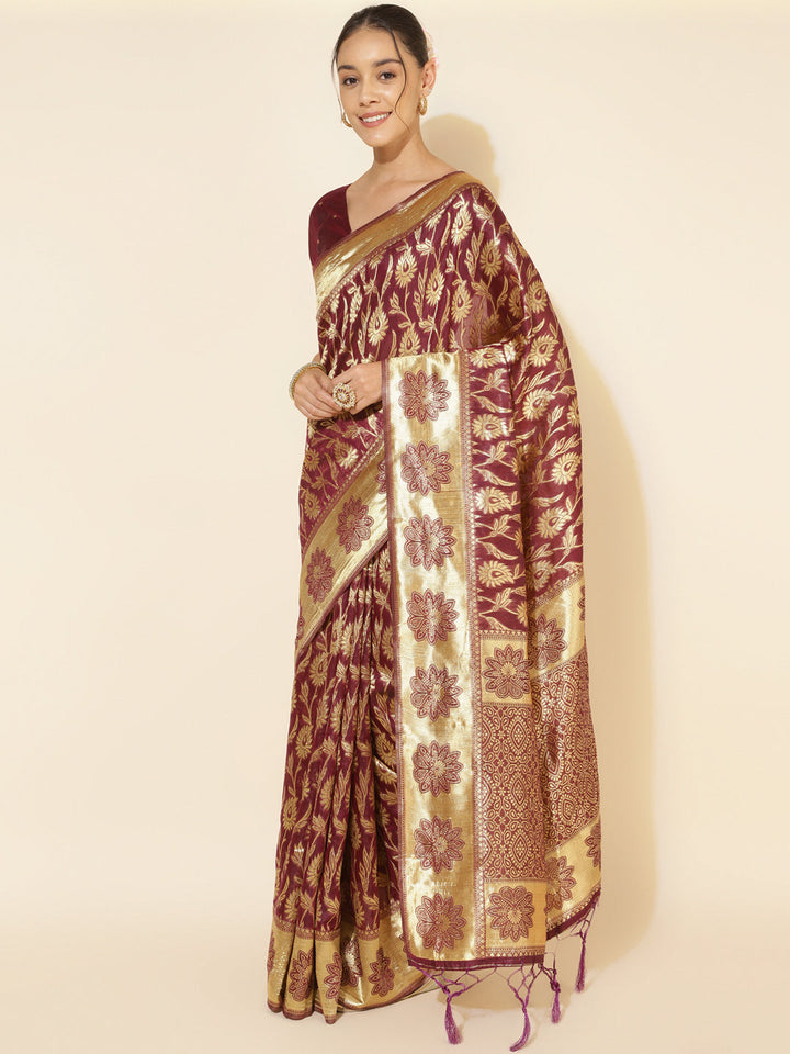 Wine Woven Paisley Chanderi Silk Saree