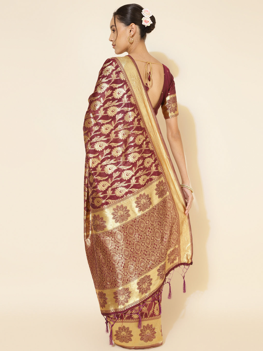 Wine Woven Paisley Chanderi Silk Saree