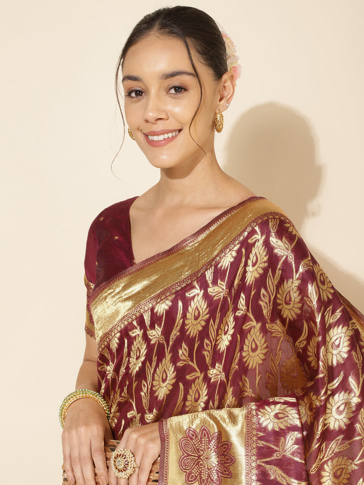 Wine Woven Paisley Chanderi Silk Saree