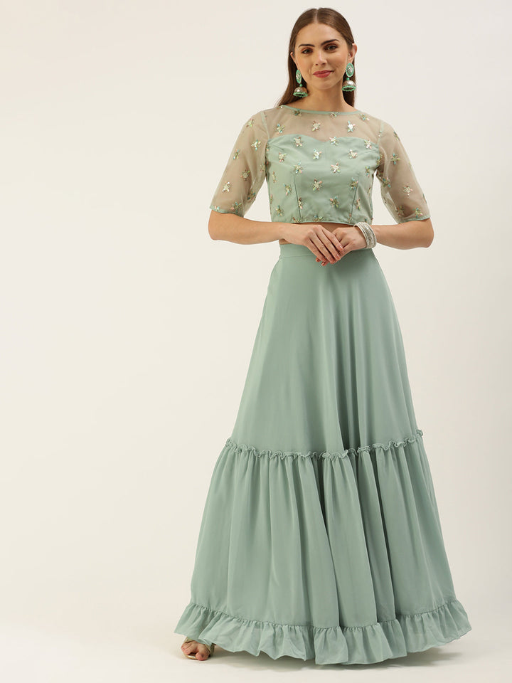 Xanadu Green Embroidered Crop Top & Skirt Set