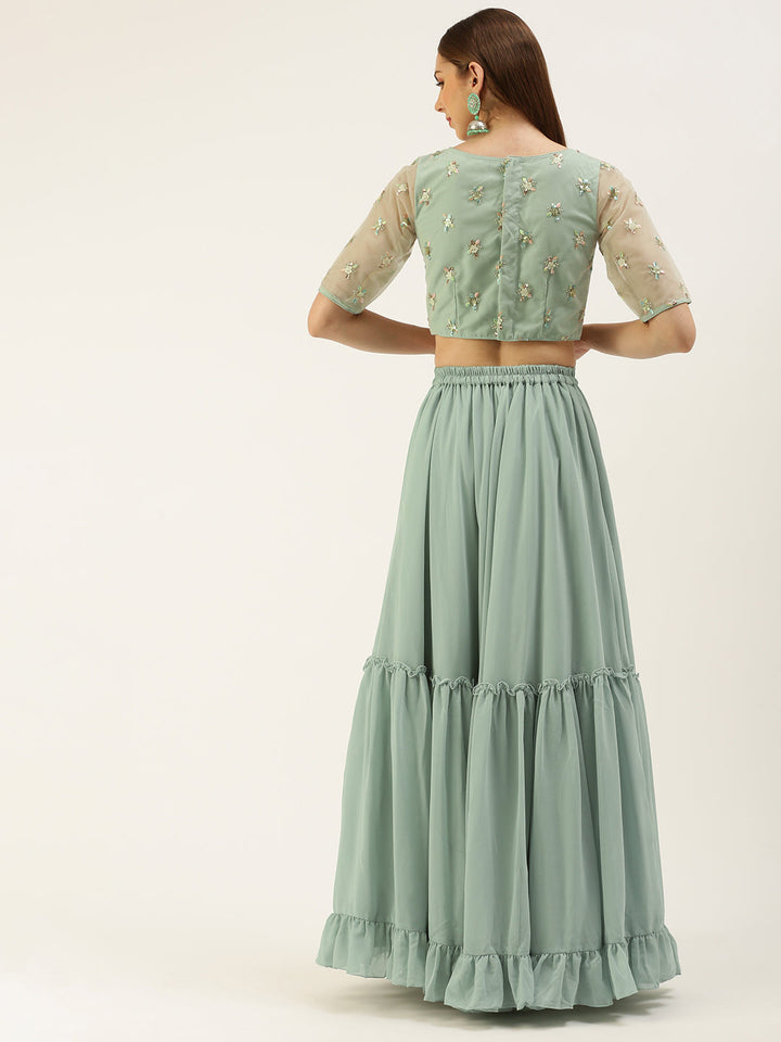 Xanadu Green Embroidered Crop Top & Skirt Set
