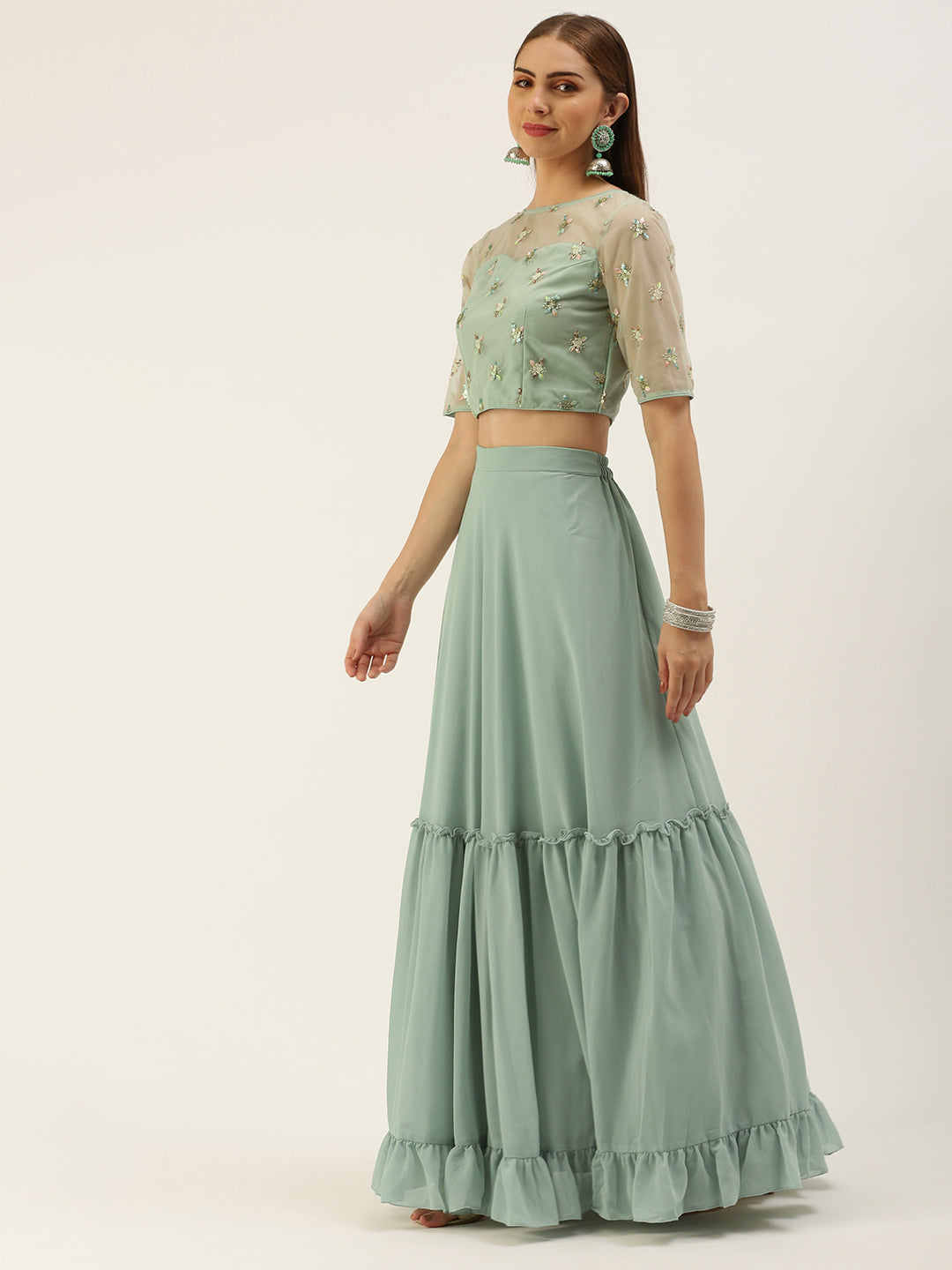 Xanadu Green Embroidered Crop Top & Skirt Set