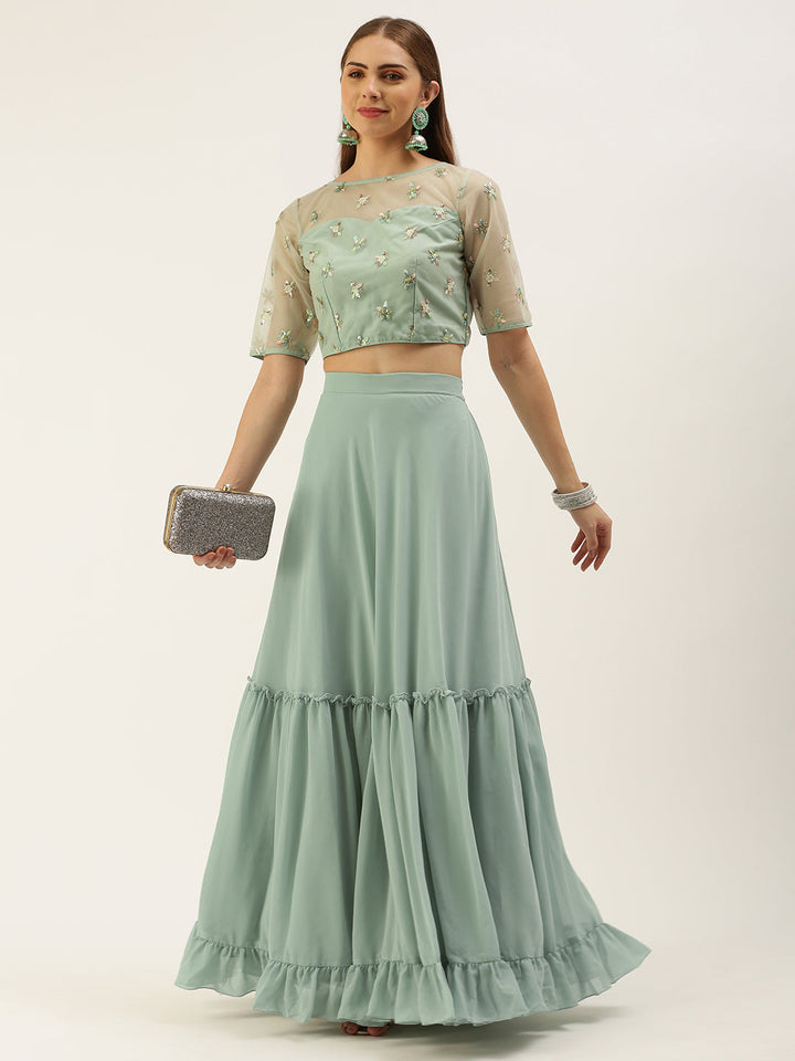 Xanadu Green Embroidered Crop Top & Skirt Set