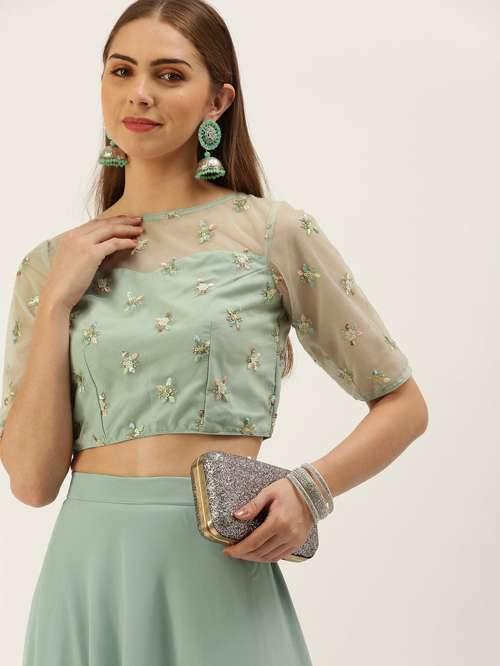 Xanadu Green Embroidered Crop Top & Skirt Set