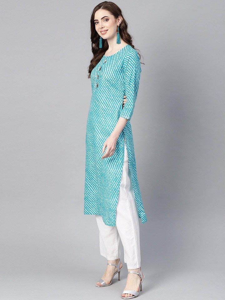 Blue & Off White Leheriya Dyed Straight Kurta