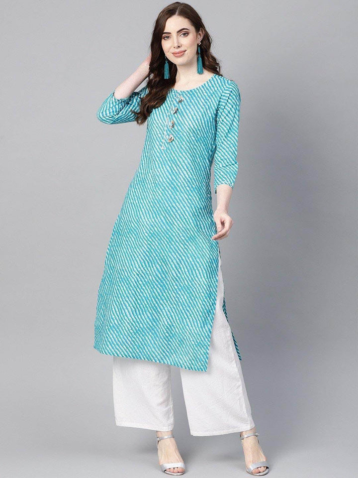 Blue & Off White Leheriya Dyed Straight Kurta