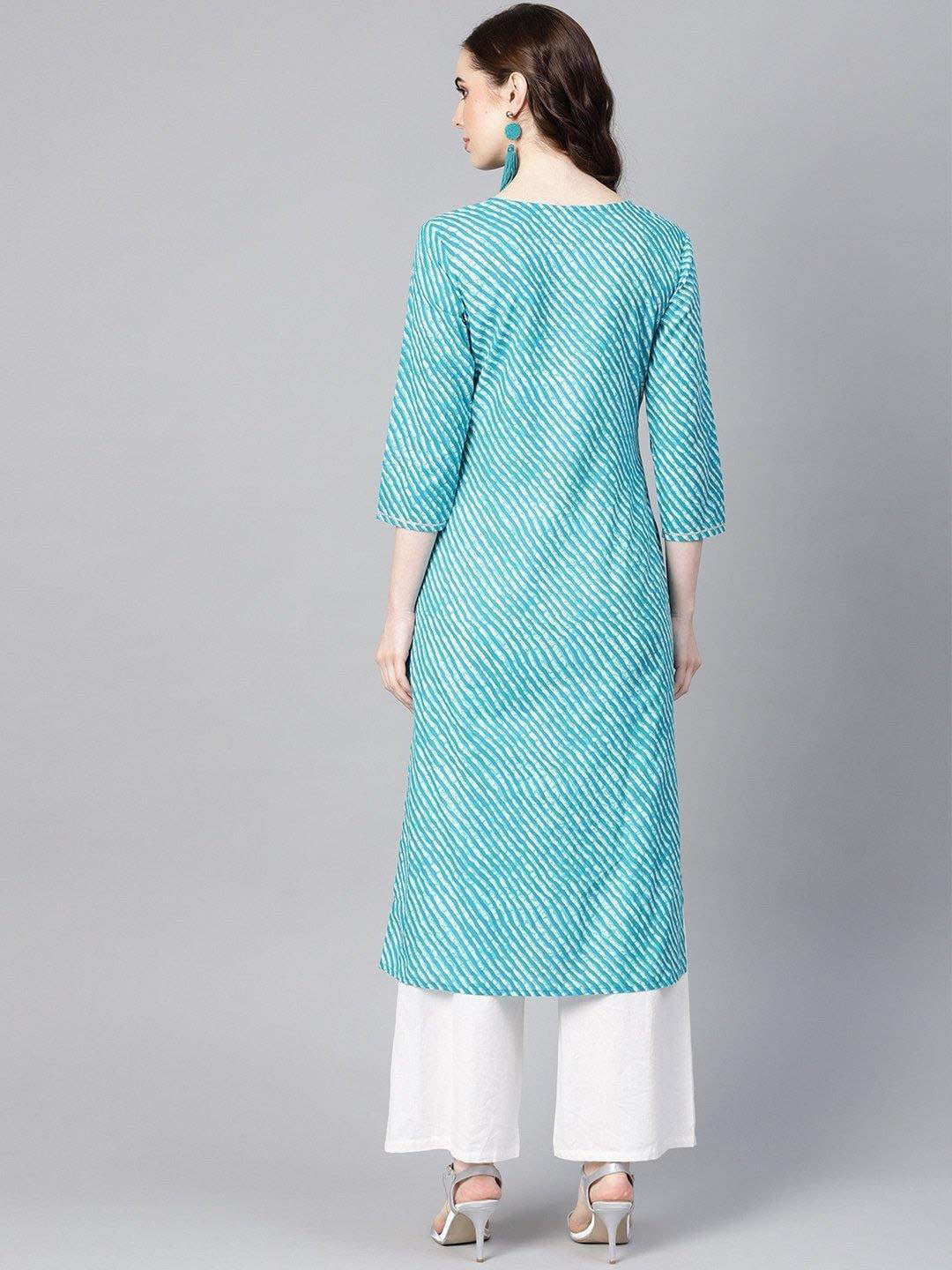 Blue & Off White Leheriya Dyed Straight Kurta