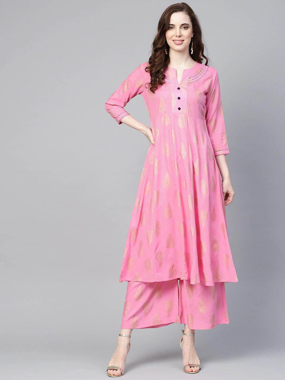 Pink & Golden Printed Kurta With Palazzos