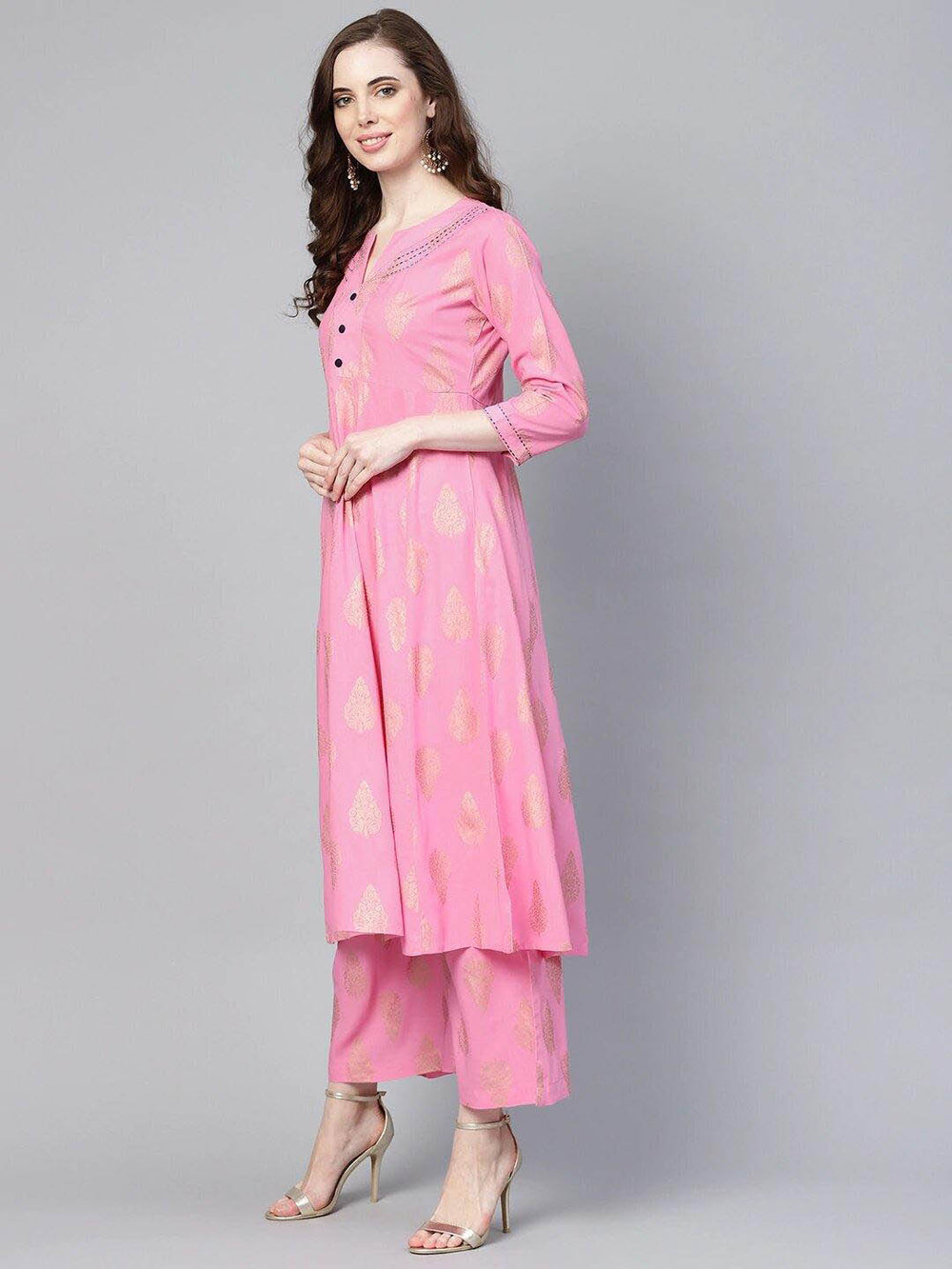 Pink & Golden Printed Kurta With Palazzos