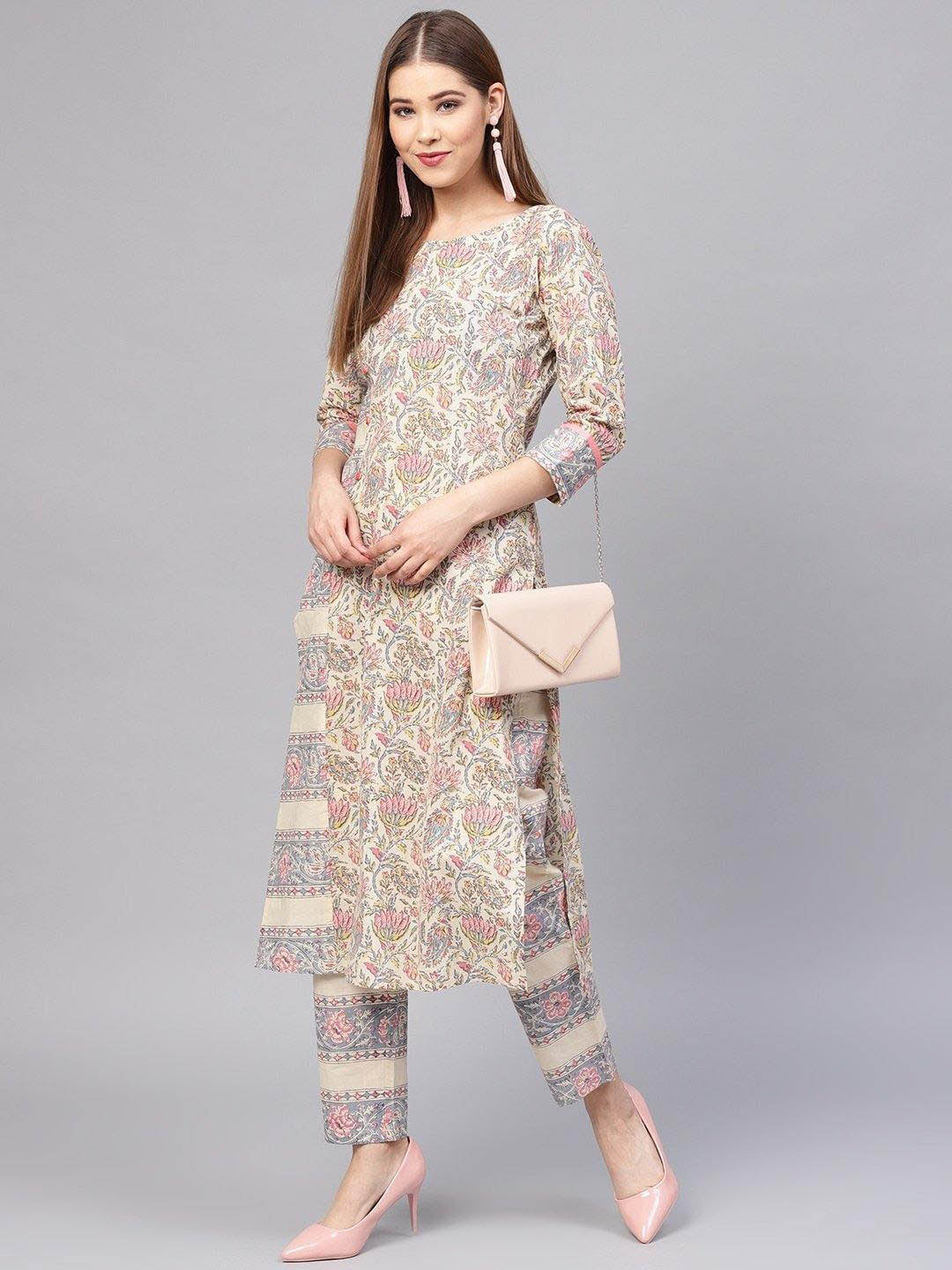 Beige & Grey Printed Kurta With Trousers