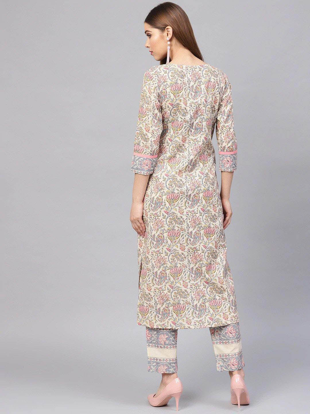 Beige & Grey Printed Kurta With Trousers