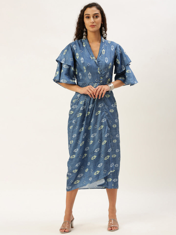 Yale Blue Printed Low Shawl Collar Midi Dress